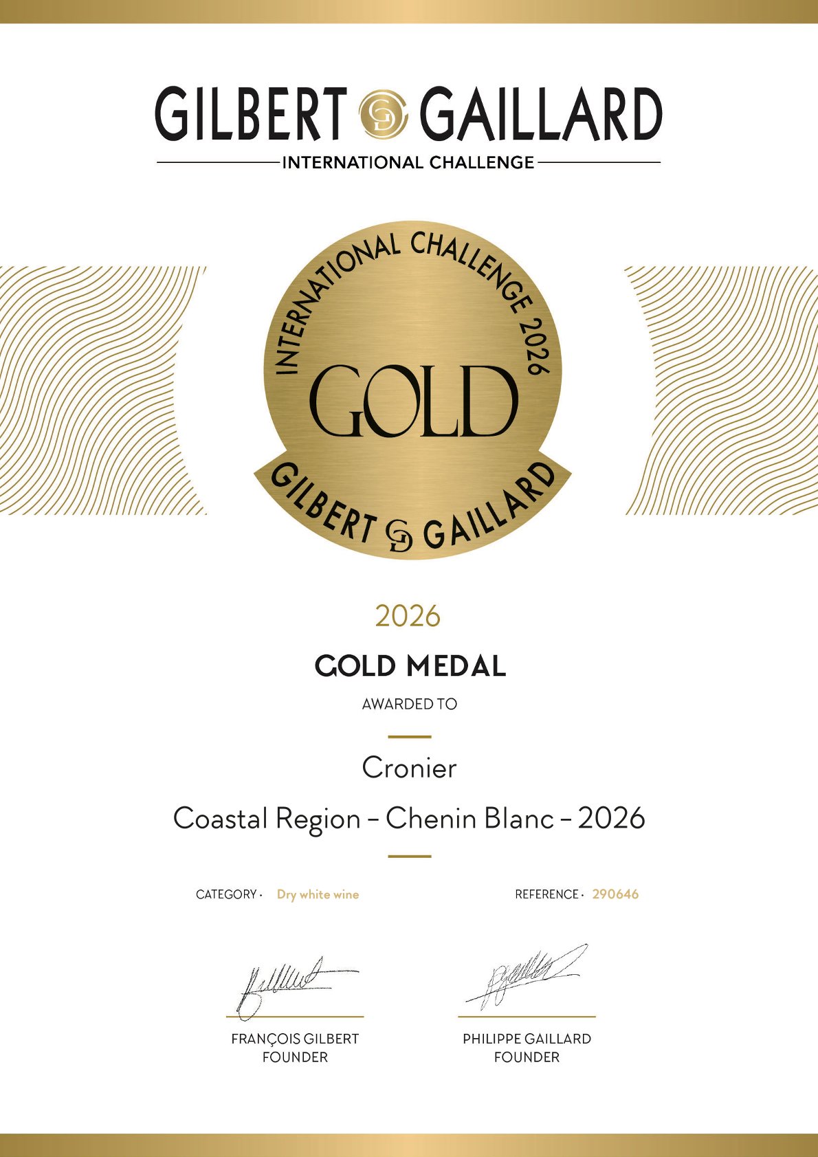 Cronier Wines Chenin Blank 2026 Gold Award